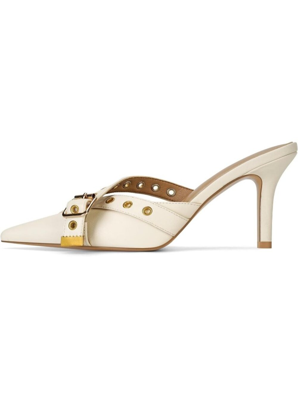 Women's White Kitten Heels Faux Leather Stiletto Pump Sexy Pointy Studded Shoes